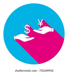 Currency exchange from hand to hand. Dollar and Yen. Vector. Flat white icon with mexican pink shadow inside sky blue(S and G) circle at white background. Isolated. Trend colors in 2017.