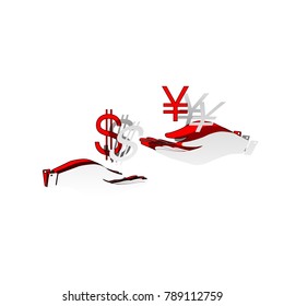 Currency exchange from hand to hand. Dollar and Yen. Vector. Detachable paper icon with red body stock. Isolated.