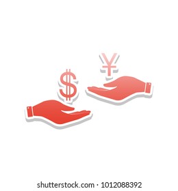 Currency exchange from hand to hand. Dollar and Yuan. Vector. Reddish icon with white and gray shadow on white background. Isolated.