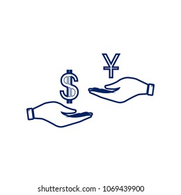Currency exchange from hand to hand. Dollar and Yuan. Vector. Flat style black icon on white.
