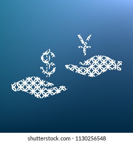 Currency exchange from hand to hand. Dollar and Yuan. Vector. White textured icon at lapis lazuli gradient background.