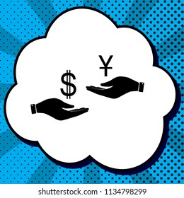 Currency exchange from hand to hand. Dollar and Yuan. Vector. Black icon in bubble on blue pop-art background with rays.