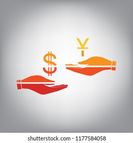 Currency exchange from hand to hand. Dollar and Yuan. Vector. Horizontally sliced icon with colors from sunny gradient in gray background.