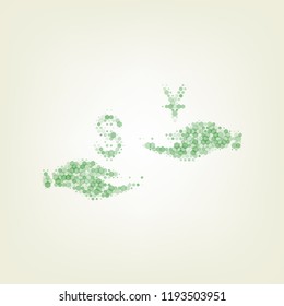 Currency exchange from hand to hand. Dollar and Yuan. Vector. Green hexagon rastered icon and noised opacity and size at light green background with central light.