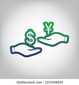 Currency exchange from hand to hand. Dollar and Yuan. Vector. Green to blue gradient contour icon at grayish background with light in center.