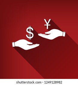 Currency exchange from hand to hand. Dollar and Yuan. Vector. White icon with limitless shadow at ruby red background.