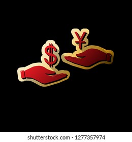 Currency exchange from hand to hand. Dollar and Yuan. Vector. Red icon with small black and limitless shadows at golden sticker on black background.