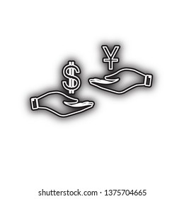 Currency exchange from hand to hand. Dollar and Yuan. Vector. Double contour black icon with soft shadow at white background. Isolated.