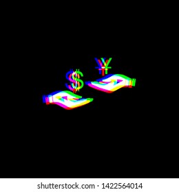 Currency exchange from hand to hand. Dollar and Yuan. Red, green and blue unfocused contour icon at black background. Illustration.