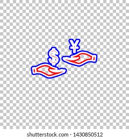 Currency exchange from hand to hand. Dollar and Yuan. Red, white and contour icon at transparent background. Illustration.