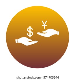 Currency exchange from hand to hand. Dollar and Yuan. White icon in circle with golden gradient as background. Isolated.