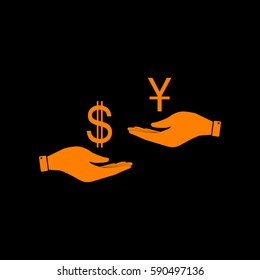 Currency exchange from hand to hand. Dollar and Yuan. Orange icon on black background.