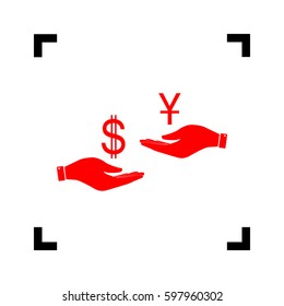 Currency exchange from hand to hand. Dollar and Yuan. Vector. Red icon inside black focus corners on white background. Isolated.