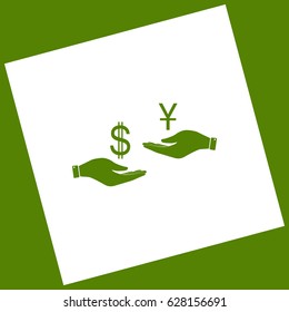 Currency exchange from hand to hand. Dollar and Yuan. Vector. White icon obtained as a result of subtraction rotated square and path. Avocado background.