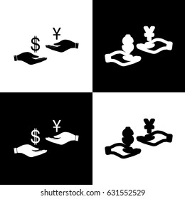 Currency exchange from hand to hand. Dollar and Yuan. Vector. Black and white icons and line icon on chess board.