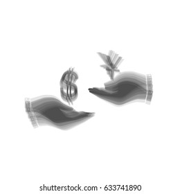 Currency exchange from hand to hand. Dollar and Yuan. Vector. Gray icon shaked at white background.