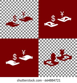 Currency exchange from hand to hand. Dollar and Yuan. Vector. Bordo and white icons and line icons on chess board with transparent background.