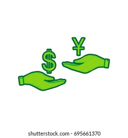 Currency exchange from hand to hand. Dollar and Yuan. Vector. Lemon scribble icon on white background. Isolated
