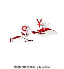 Currency exchange from hand to hand. Dollar and Yuan. Vector. Detachable paper icon with red body stock. Isolated.