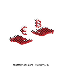 Currency exchange from hand to hand. Euro an Bitcoin. Vector. Brown icon with shifted black circle pattern as duplicate at white background. Isolated.