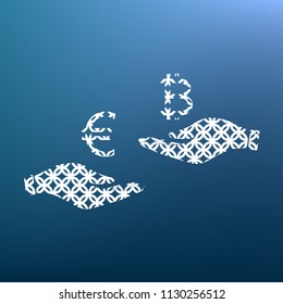 Currency exchange from hand to hand. Euro an Bitcoin. Vector. White textured icon at lapis lazuli gradient background.