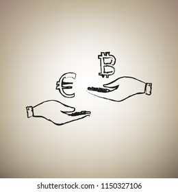 Currency exchange from hand to hand. Euro an Bitcoin. Vector. Brush drawed black icon at light brown background.