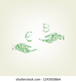 Currency exchange from hand to hand. Euro an Bitcoin. Vector. Green hexagon rastered icon and noised opacity and size at light green background with central light.