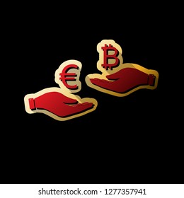 Currency exchange from hand to hand. Euro an Bitcoin. Vector. Red icon with small black and limitless shadows at golden sticker on black background.