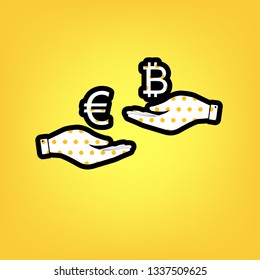 Currency exchange from hand to hand. Euro an Bitcoin. Vector. Yellow polka dot white icon with black contour at warm yellow background.