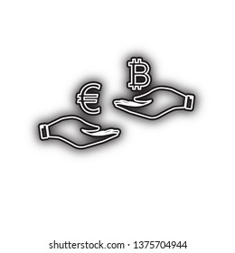 Currency exchange from hand to hand. Euro an Bitcoin. Vector. Double contour black icon with soft shadow at white background. Isolated.