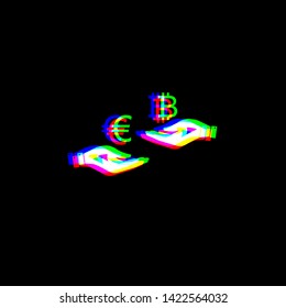 Currency exchange from hand to hand. Euro an Bitcoin. Red, green and blue unfocused contour icon at black background. Illustration.
