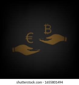 Currency exchange from hand to hand. Euro an Bitcoin. Icon as grid of small orange light bulb in darkness. Illustration.
