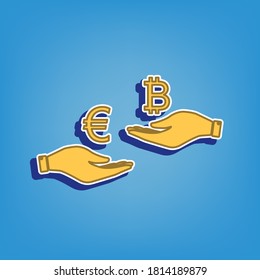 Currency exchange from hand to hand. Euro an Bitcoin. Golden Icon with White Contour at light blue Background. Illustration.