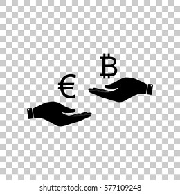 Currency exchange from hand to hand. Euro an Bitcoin. Black icon
