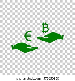 Currency exchange from hand to hand. Euro an Bitcoin. Dark green icon on transparent background.