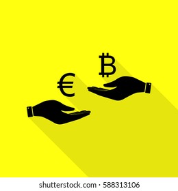 Currency exchange from hand to hand. Euro an Bitcoin. Black icon with flat style shadow path on yellow background.