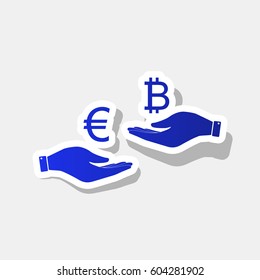 Currency exchange from hand to hand. Euro an Bitcoin. Vector. New year bluish icon with outside stroke and gray shadow on light gray background.