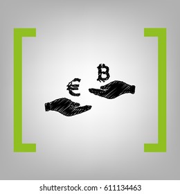 Currency exchange from hand to hand. Euro an Bitcoin. Vector. Black scribble icon in citron brackets on grayish background.