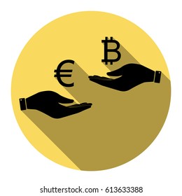 Currency exchange from hand to hand. Euro an Bitcoin. Vector. Flat black icon with flat shadow on royal yellow circle with white background. Isolated.