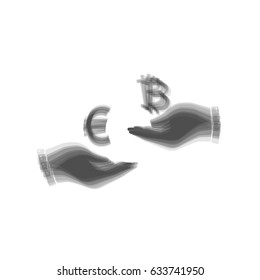 Currency exchange from hand to hand. Euro an Bitcoin. Vector. Gray icon shaked at white background.
