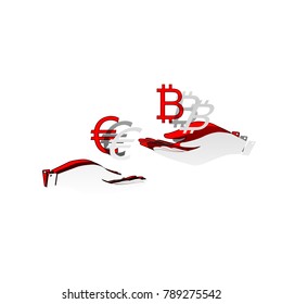 Currency exchange from hand to hand. Euro an Bitcoin. Vector. Detachable paper icon with red body stock. Isolated.