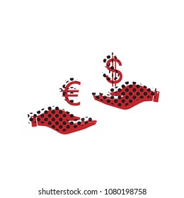 Currency exchange from hand to hand. Euro and Dollar. Vector. Brown icon with shifted black circle pattern as duplicate at white background. Isolated.