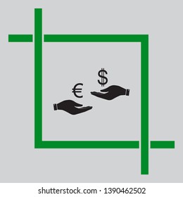 Currency exchange from hand to hand. Euro and Dollar. Black icon inside green crop tool at light gray background