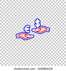 Currency exchange from hand to hand. Euro and Dollar. Red, white and contour icon at transparent background. Illustration.