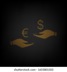 Currency exchange from hand to hand. Euro and Dollar. Icon as grid of small orange light bulb in darkness. Illustration.