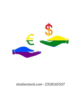 Currency exchange from hand to hand. Euro and Dollar. Rainbow gay LGBT rights colored Icon at white Background. Illustration.