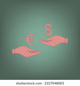 Currency exchange from hand to hand. Euro and Dollar. Apricot Icon with Brick Red parquet floor graphic pattern on a Ebony background. Feldgrau. Green. Illustration.