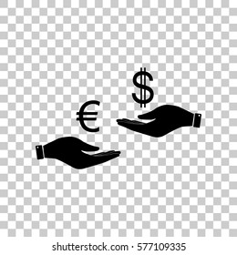 Currency exchange from hand to hand. Euro and Dollar. Black icon