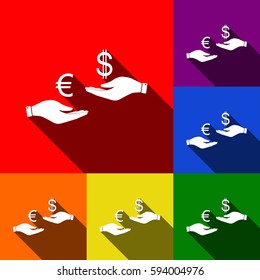 Currency exchange from hand to hand. Euro and Dollar. Vector. Set of icons with flat shadows at red, orange, yellow, green, blue and violet background.