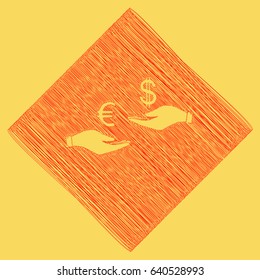 Currency exchange from hand to hand. Euro and Dollar. Vector. Red scribble icon obtained as a result of subtraction rhomb and path. Royal yellow background.